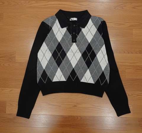 A558- Áo len cúc trước kẻ chám màu đen full tem nhà máy