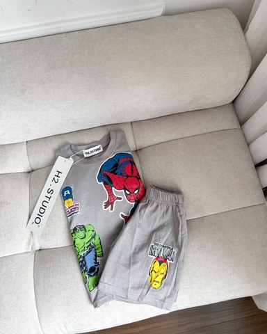 BT550-Bộ thun cộc bé trai Siêu nhân xám đen
