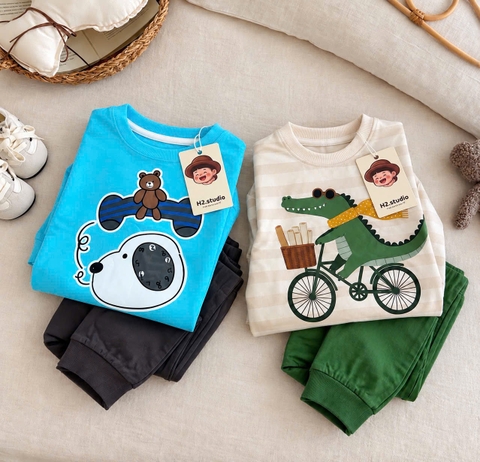 BT1089- Combo 2 bộ cotton CÁ SẤU mix CÚN dài tay