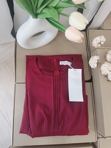 Dam179-Váy đỏ midi xếp ly dáng dài