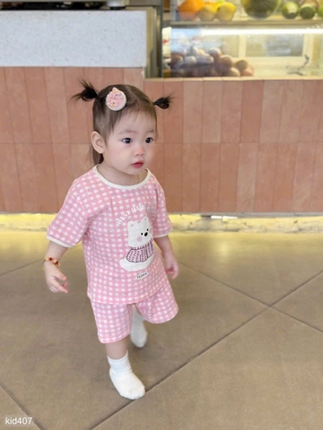 CB303- Combo 2 bộ cộc tay kẻ caro hồng chạy viền chất cotton