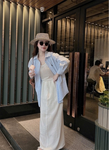 SET655-TẶNG ÁO THUN SÁT NÁCH-Set sơ mi kẻ xanh phối chân váy midi trắng 2 lớp