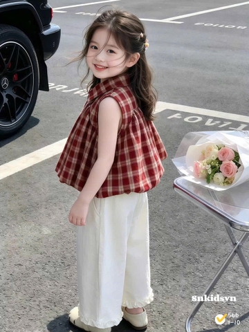 damgai08- Bộ áo kẻ caro mix quần suông màu be