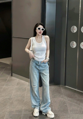 QUAN011-Quần jeans suông nhạt rách 1 lệch dài chuẩn 100cm