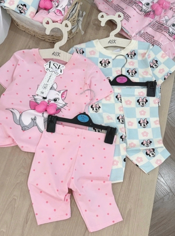 CB204-COmbo 2 bộ thun cộc tay bé gái xanh hồng hoạ tiết mèo mickey