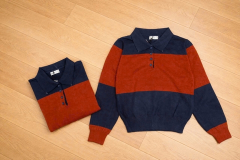 469-áo len cổ polo kẻ ngang cam đỏ phối than full tem