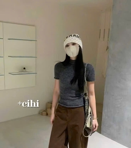 A440- Áo len xám cổ lọ  cộc tay  nhà máy full tem