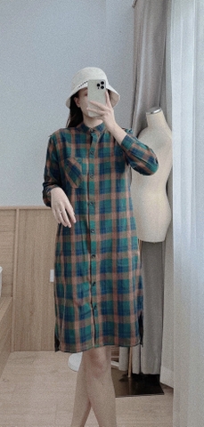 Đầm kẻ suông 3 màu cổ tàu