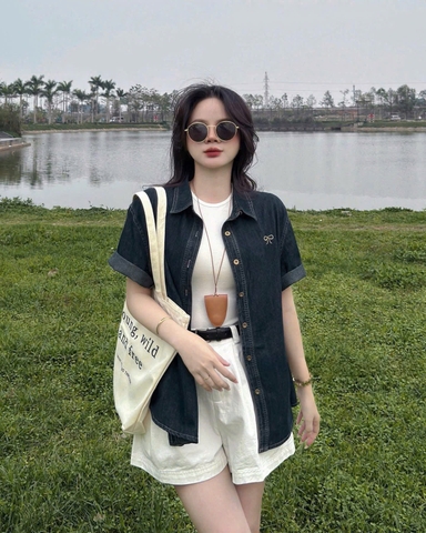 Set613- Set áo cộc tay denim cộc tay phối  quần short trắng