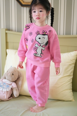 BN149- Bộ nỉ thu đông dài tay hoạ tiết Snopy hồng bé gái VNXK
