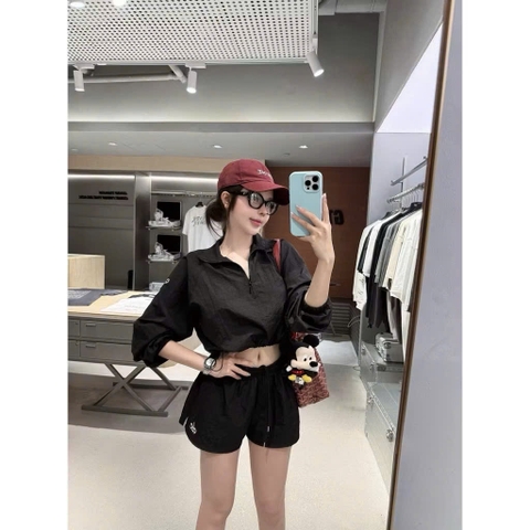 SET735-Bộ gió thể thao áo kéo khoá phối quần short 2 màu đen trắng