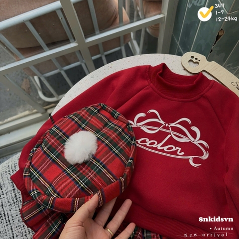 Bt743- set váy nỉ haida đỏ mix CV kẻ kèm mũ nồi bé gái