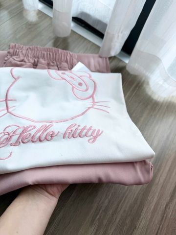 Set877-SEt kitty thêu viền mix quần hồng thô lụa