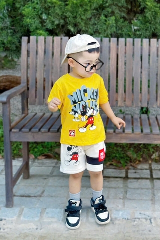 ✌🏻BT526- bộ áo cotton Mickey vàng mix quần cua tăm nhung tag đỏ