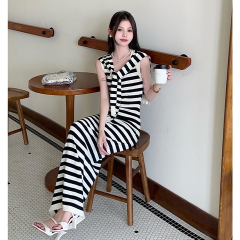 Dam173- Váy len sát nách kẻ ngang dáng dài tặng kèm khăn choàng