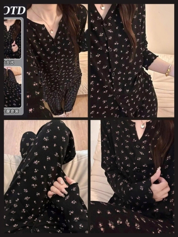 set658- Set tăm xanh hoa hồng dài tay thu đông