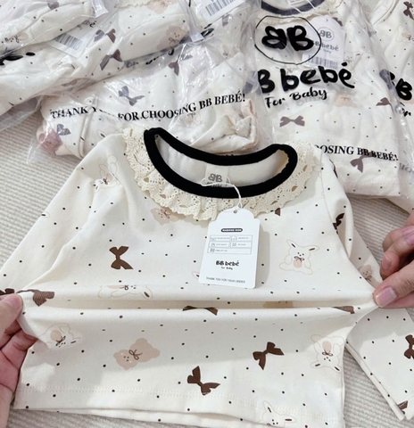 CB174-Combo 2 bộ NƠ VIỀN REN dài tay chất zip bé gái