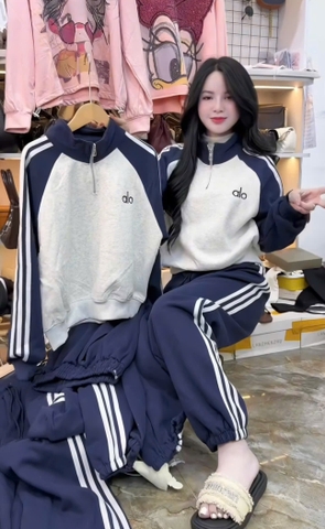 set826- Set Alo thêu nỉ haida  phối ghi-than dài tay