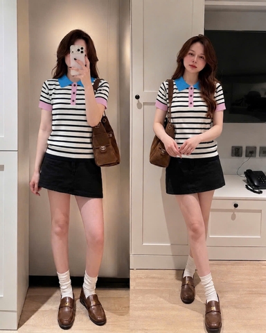 A668-Áo len dệt kim cộc tay kẻ đen phối cổ hồng
