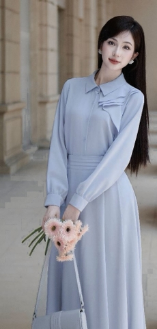 Set787- Set áo nơ xanh phối chân váy midi dài 1 lớp