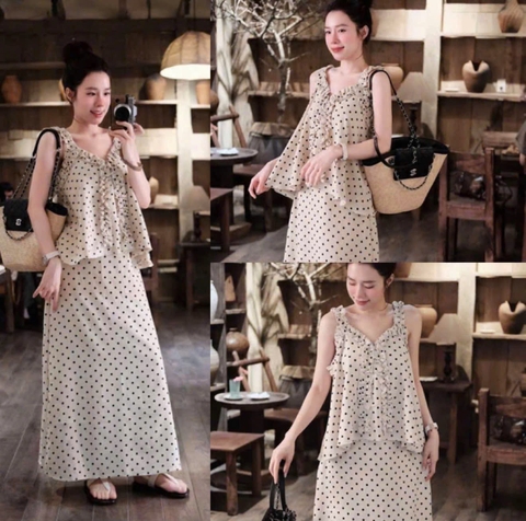 Set977- Set váy chấm bi màu be  bèo trước CV midi