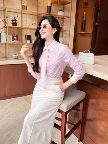 A140-Áo sơ mi nữ xếp ly chéo phối cavat rời 2 màu xanh hồng