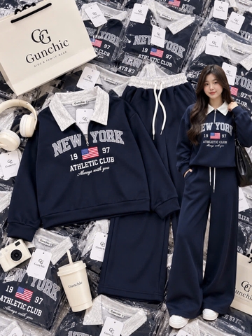 Set1062- Set nỉ haidan Ny xanh than phối quần suông dài
