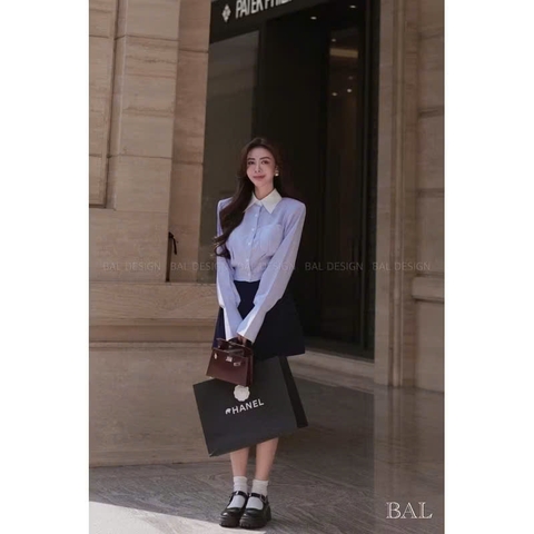 A254-Áó sơ mi kẻ xanh phối cổ túi ngực ly eo dáng lỡ