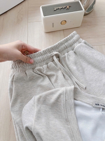 Set786- Set áo díp lông thỏ cổ V phối quần suông dài màu nâu