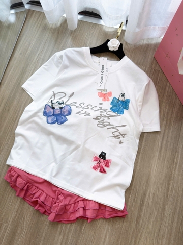 SET916-Set áo thun trắng in nơ phối quần short bèo hồng