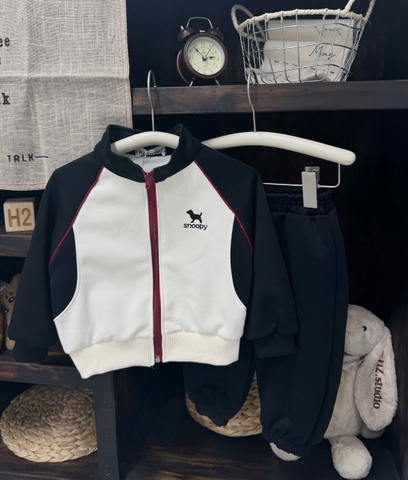 BT735- Bộ nỉ bé trai áo khoác kéo khoá phối quần chun bo ống 2 màu đen đỏ