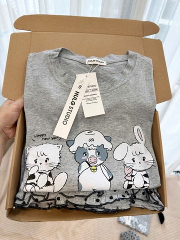 SET913-Set quần áo đôi mẹ con vải cotton cộc màu xám bi