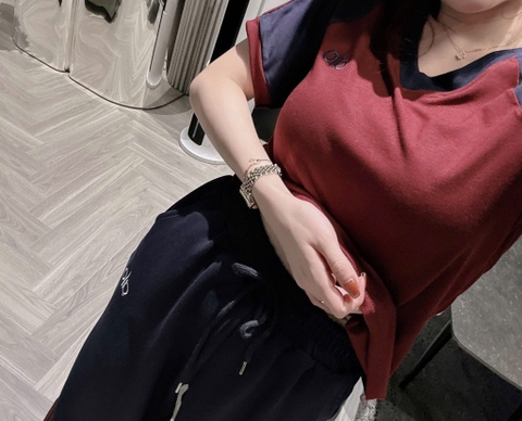 Set878-SEt mặc nhà áo cộc phối quần suông than viền đỏ