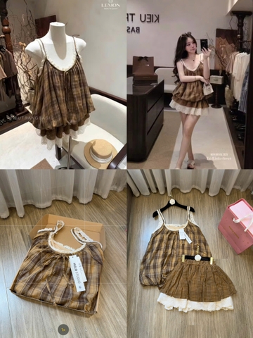 Set975- Set mặc nhà áo 2 dây kẻ nâu phối chân váy ren có BIGSIZE
