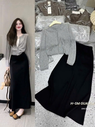 Set825- Set dạo phố váy 2 dây đen phối áo len cadigan xám
