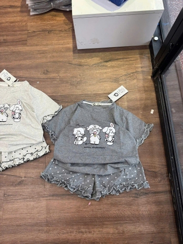 BT901-Combo 2 bộ cotton viền bèo chấm bi- XÁM-GHI bé gái