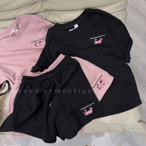 SET518- Set thun mì cộc thêu Cún 2 màu đen,hồng