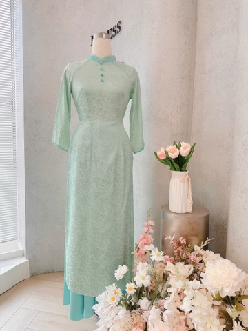 SET753- Bộ áo dài truyền thống gấm lụa xanh đỏ cúc tàu