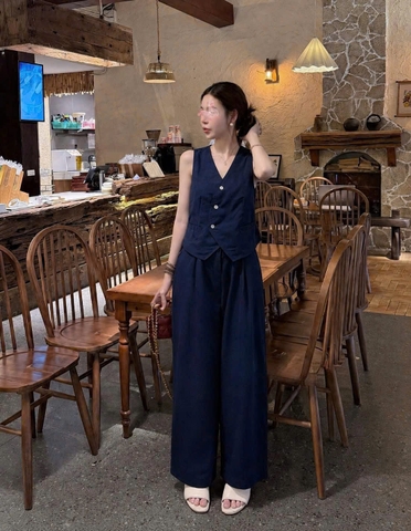 SET1014- Set áo đũi linen sát nách phối quần suông xanh than