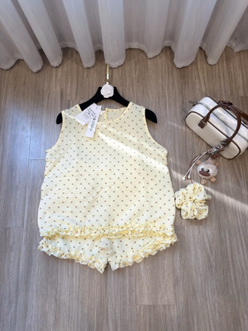 Set972-Set mặc nhà vải đũi mát chấm bi vàng TẶNG KÈM DÂY TÓC