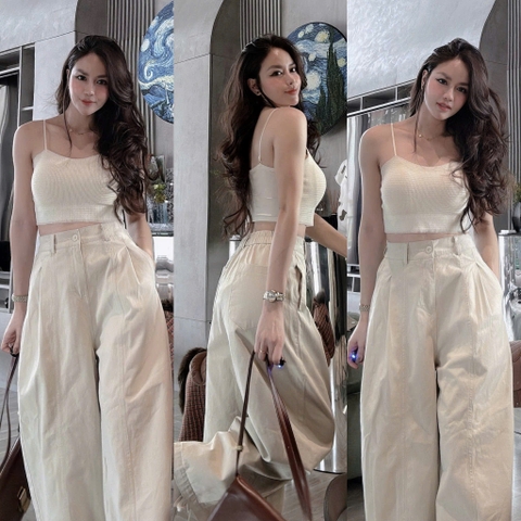 Quan083- Quần baggy kaki màu trắng ngà cạp chun sau co dãn