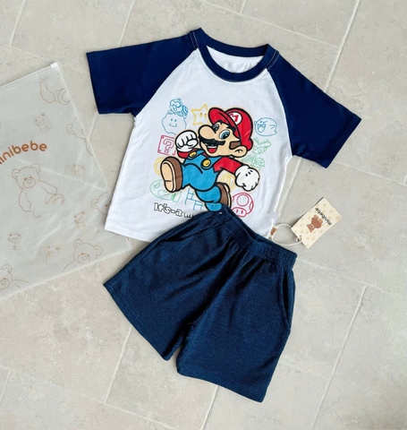 BT525- Bộ ao cotton trắng phối Mario mix quần cua tăm bé trai