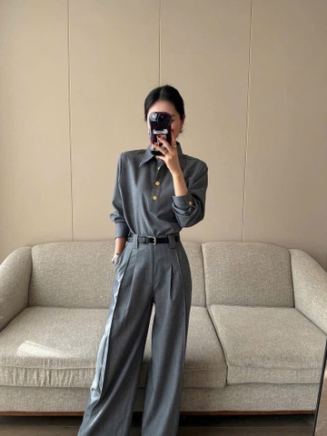 Set338- Set Áo sơ mi xám cổ đức kèm quần suông cúc đồng