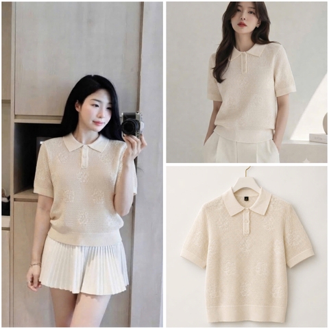 A707- Áo len lỗ cộc tay hoa be hàng nhà máy đủ tem