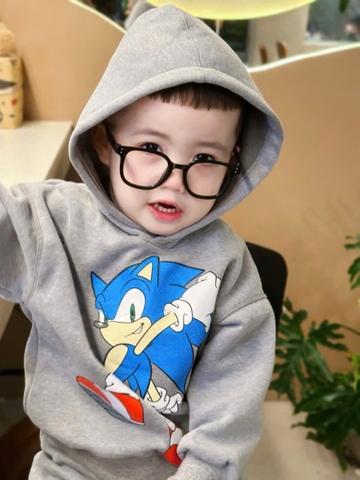 BN182 (9-26kg) Bộ nỉ thu đông dài tay bé trai Sonic màu xám có mũ VNXK