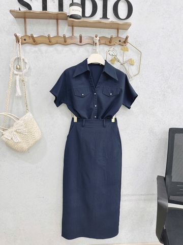 Set773- Set công sở áo sơ mi than cổ bẻ phối chân váy midi