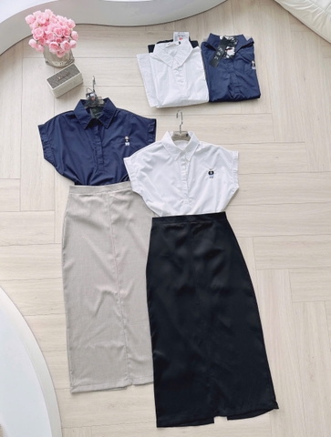 😚☘️☘️☘️SET513- SET SƠ MI TAY vạt thêu gấu mix CV bút chì