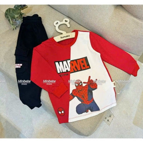 [ĐẾN 30kg]BT730-  Bộ phối trắng-đỏ áo cottom mix quần nỉ nhện