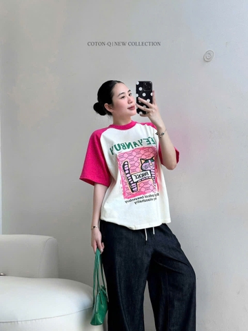 A570- Áo thun suông cộc hồng trắng hàng nhà máy đủ tem