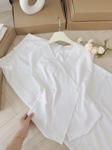 SET752- Bộ đũi lien áo vest sát nách phối quần suông trắng